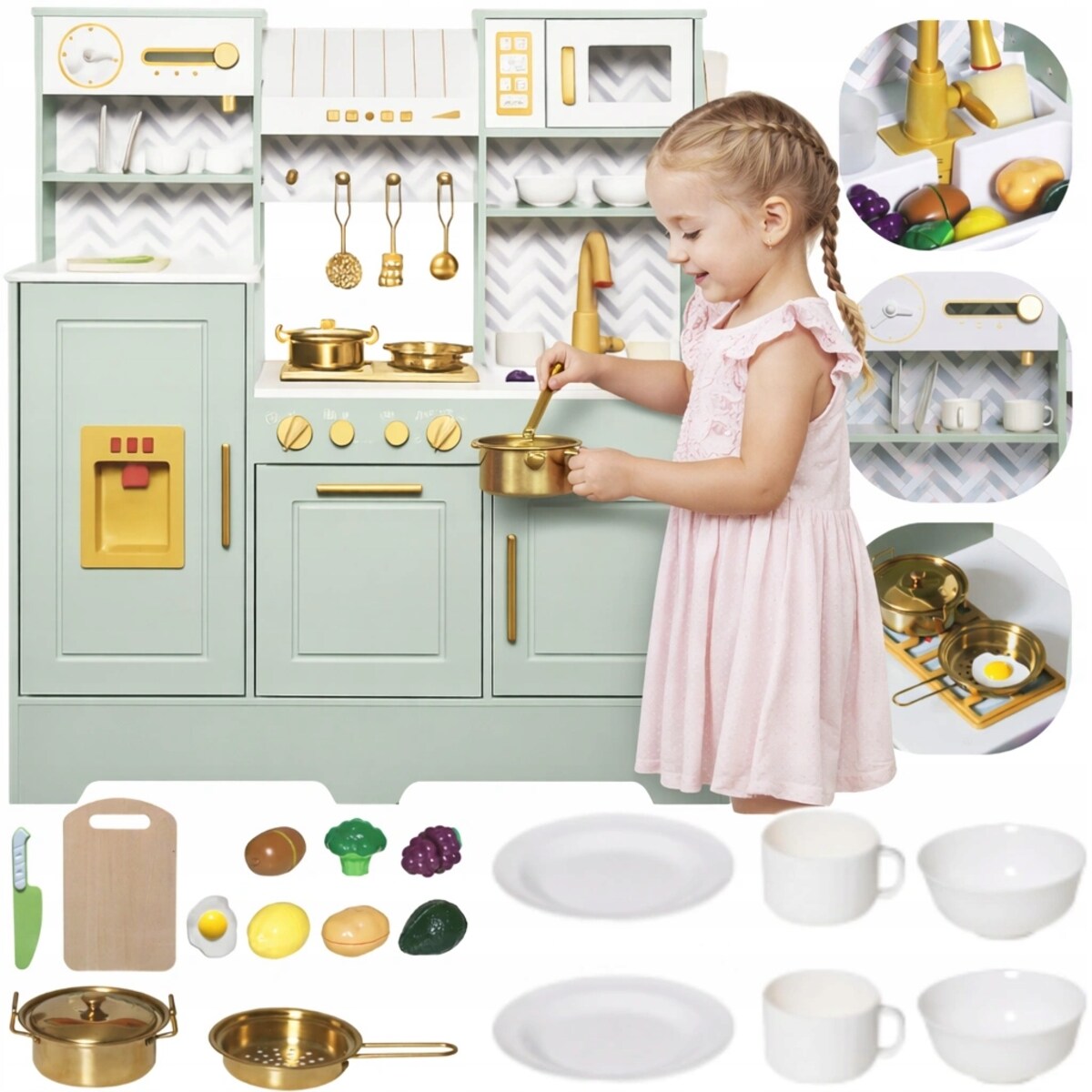 Drewniana kuchnia dla dzieci MintLux – duża kuchnia zabawkowa z dźwiękami, zlewem i akcesoriami 90 cm