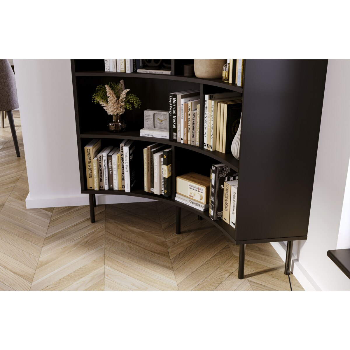 Nowoczesny narożny regał na książki Skandica HORN z czarnymi nogami / czarny