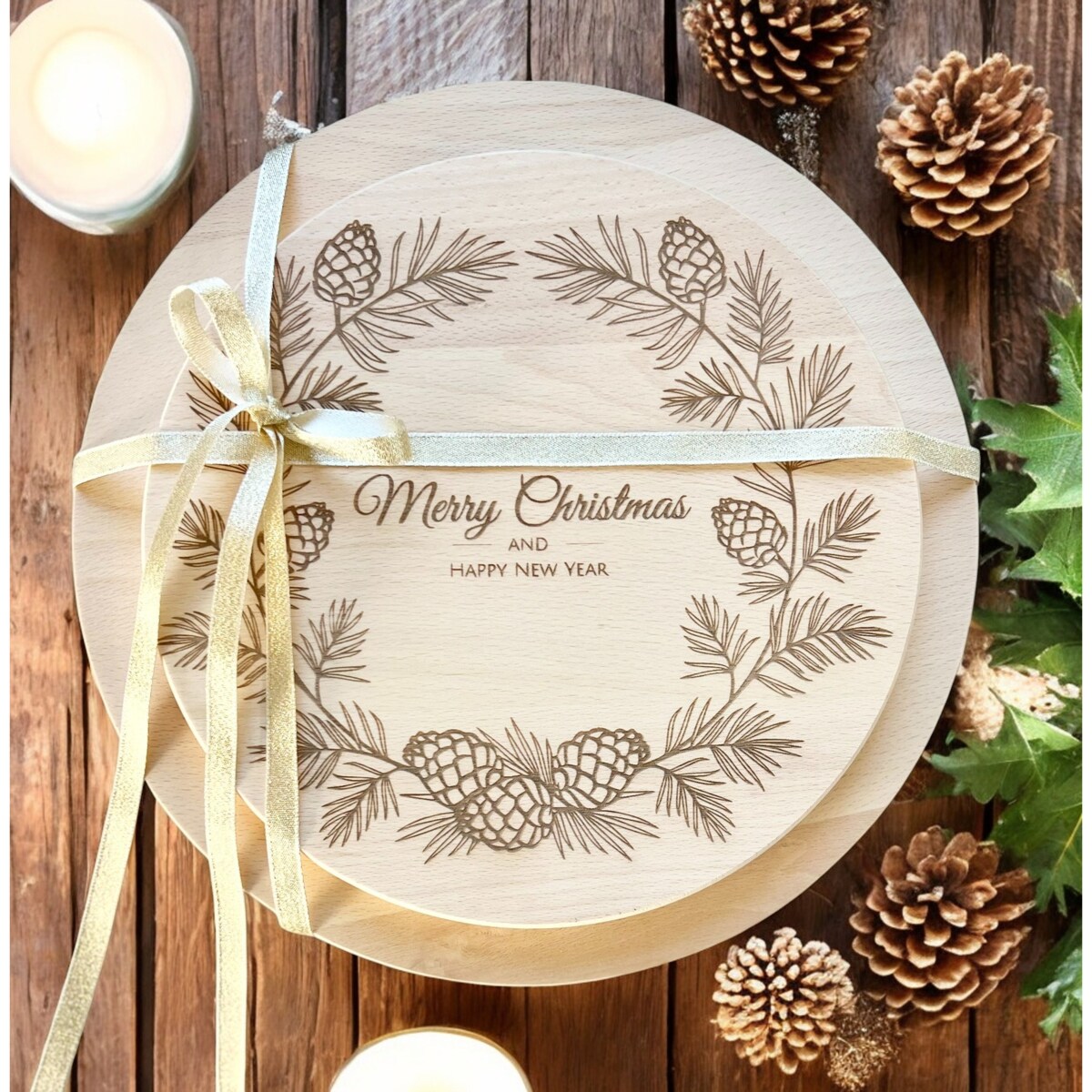 Zestaw bukowych desek kuchennych z motywem świątecznym