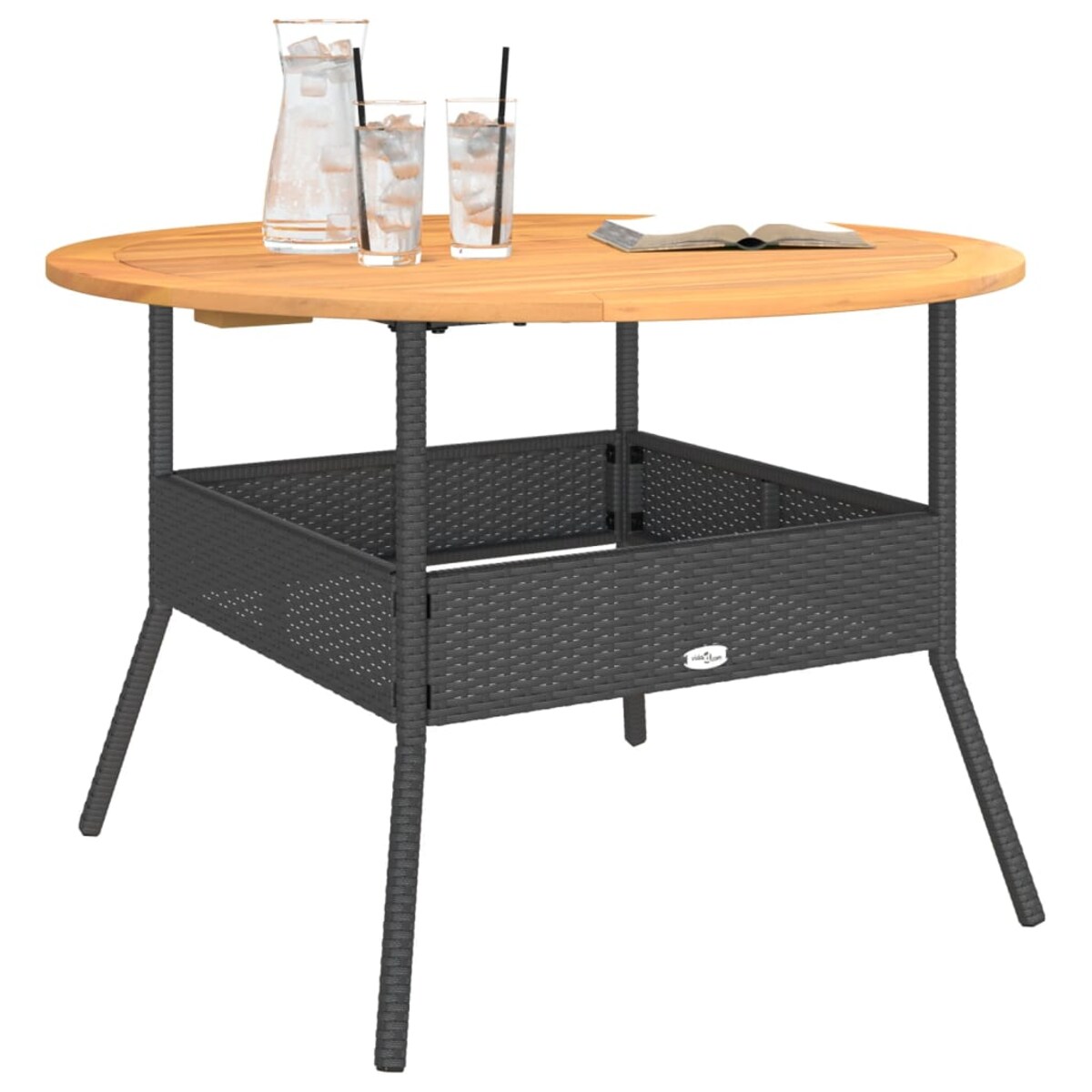 vidaXL Stół ogrodowy z akacjowym blatem, czarny, Ø110x71 cm, rattan PE