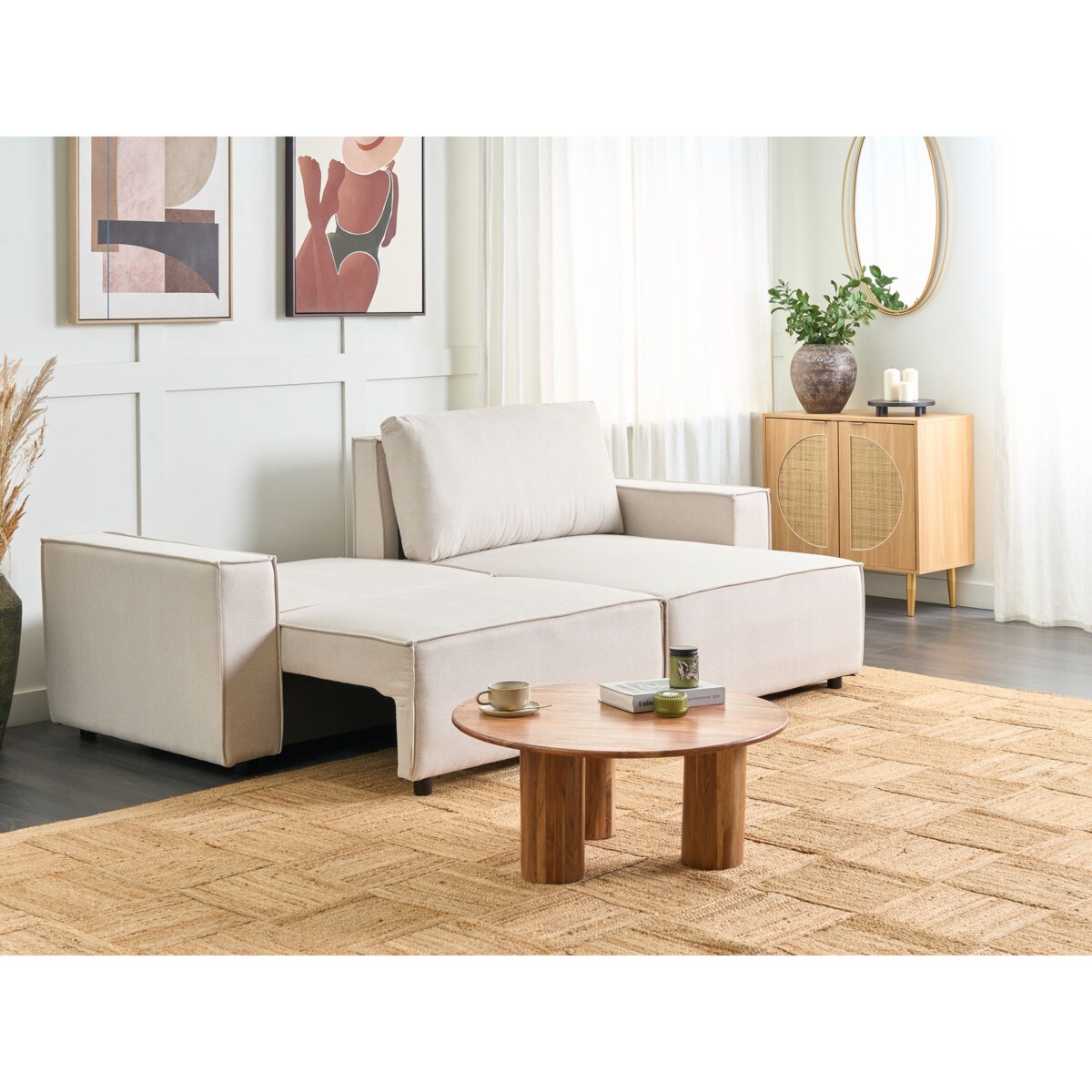 Sofa rozkładana KARILA Jasnobeżowy ze schowkiem dla 3 osób Lewostronny