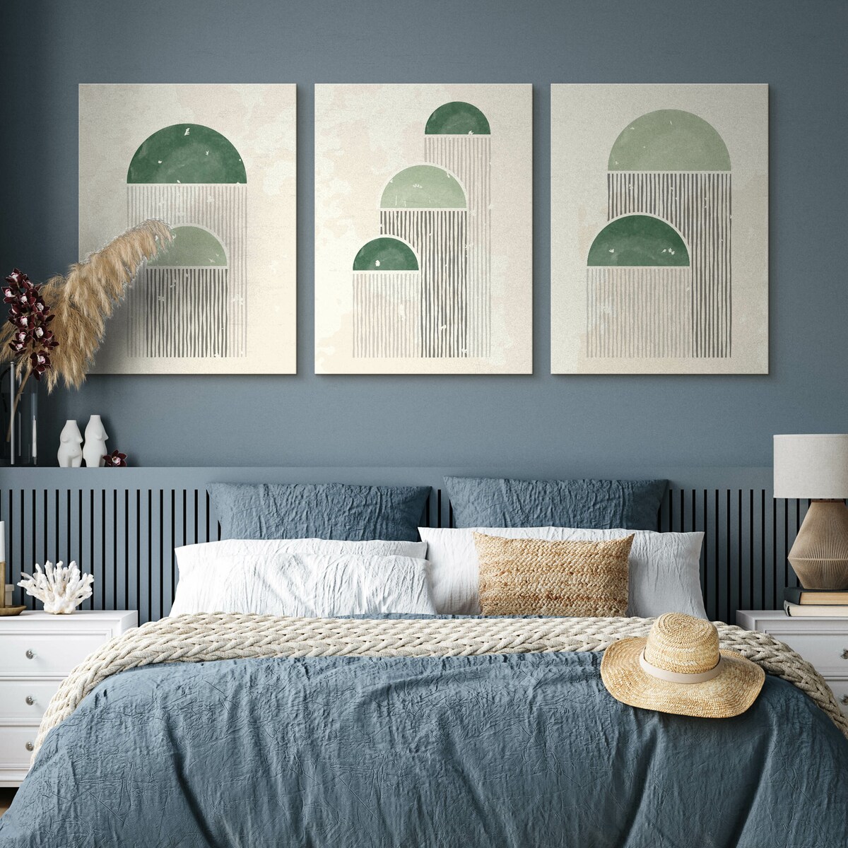 OBRAZY DO SYPIALNI SET ABSTRAKCYJNE KSZTAŁTY STYL BOHO MINIMALIZM 90x40cm