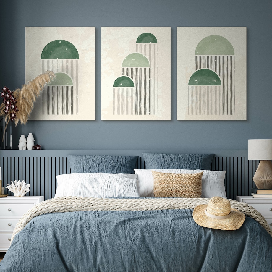 OBRAZY DO SYPIALNI SET ABSTRAKCYJNE KSZTAŁTY STYL BOHO MINIMALIZM 90x40cm