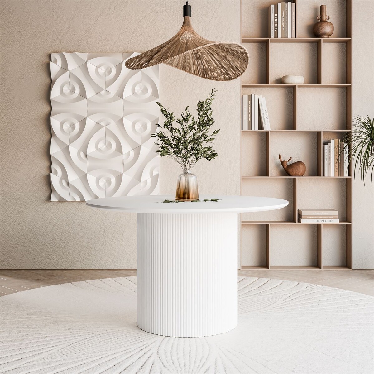Okrągły stół do jadalni OVI z ryflowaną podstawą, biały