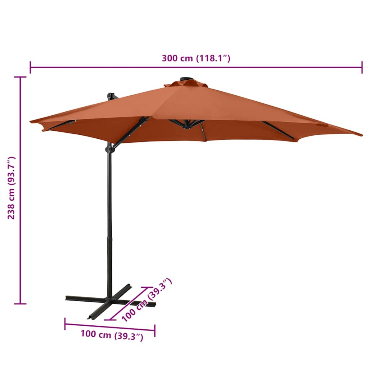 vidaXL Parasol wiszący z lampkami LED i słupkiem, terakota, 300 cm