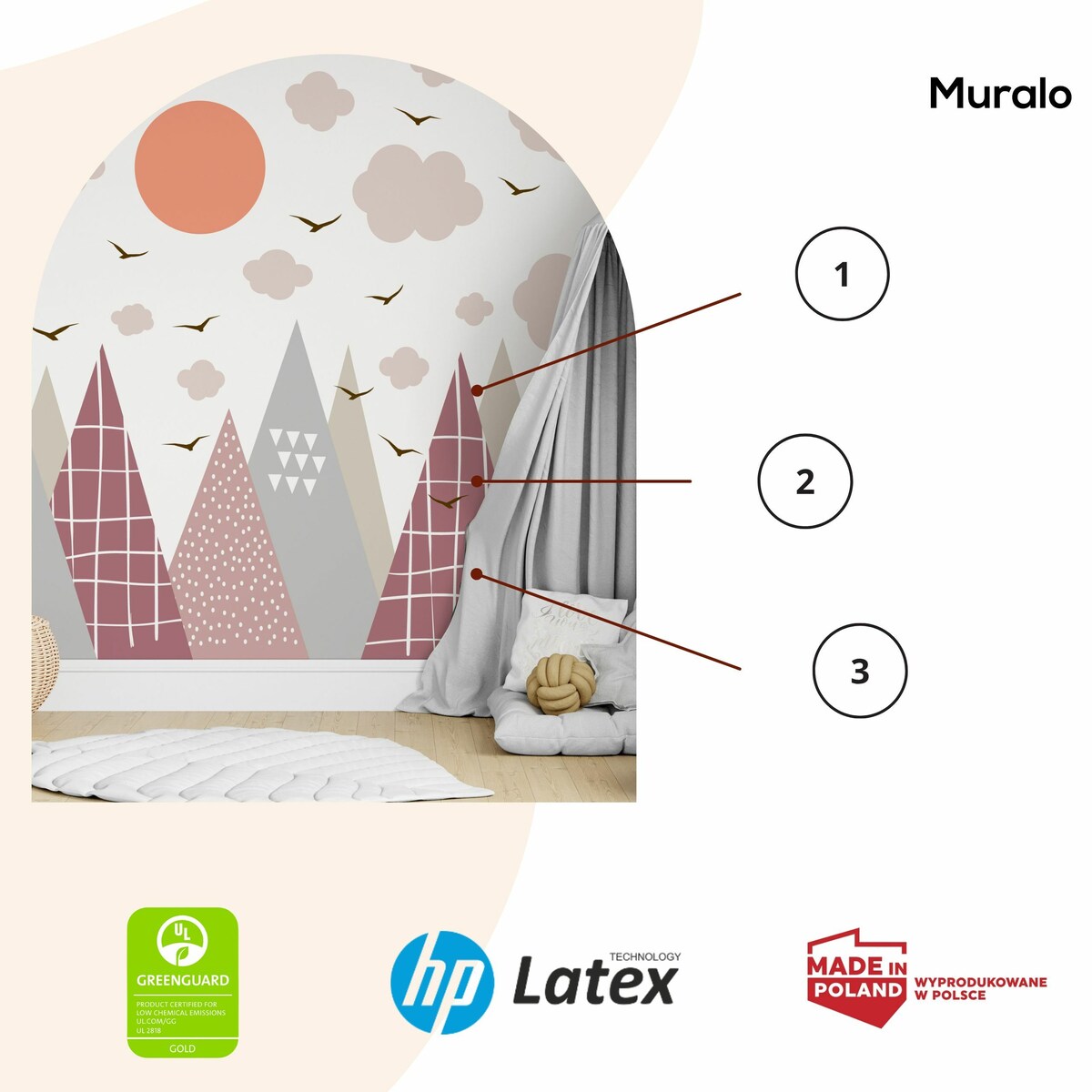 NAKLEJKI ŚCIENNE DLA DZECI RÓŻOWE GÓRY STYL SKANDYNAWSKI CHMURY ZESTAW