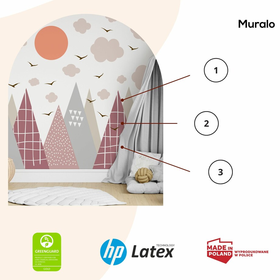 NAKLEJKI ŚCIENNE DLA DZECI RÓŻOWE GÓRY STYL SKANDYNAWSKI CHMURY ZESTAW