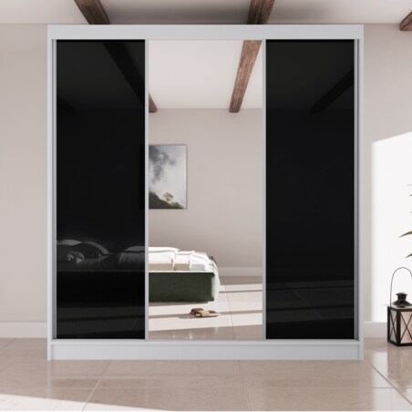 Szafa przesuwna VIOLA V200 z lustrem do przedpokoju -biała + czarny lacobel
