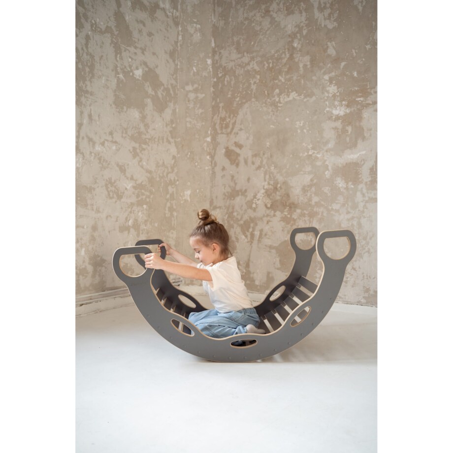 3w1 DUŻY bujak montessori z uchwytami + DUŻA zjeżdżalnia DRABINKA + blat - szary