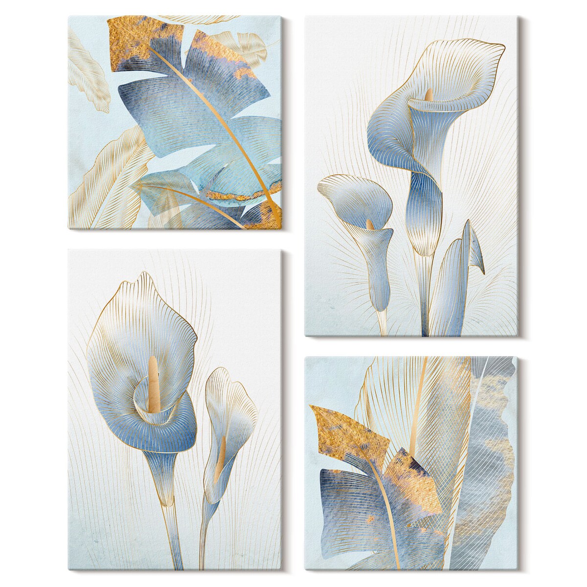 Zestaw 4 obrazów na płótnie - Błękitne kwiaty na tle glamour - niebieski