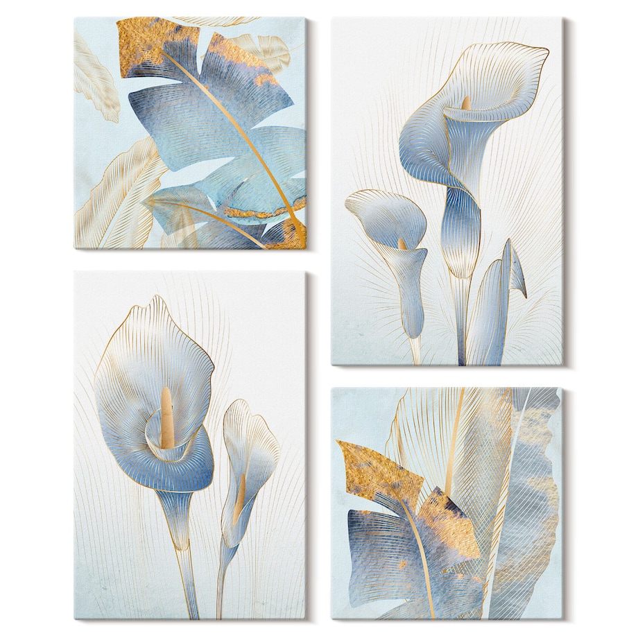 Zestaw 4 obrazów na płótnie - Błękitne kwiaty na tle glamour - niebieski