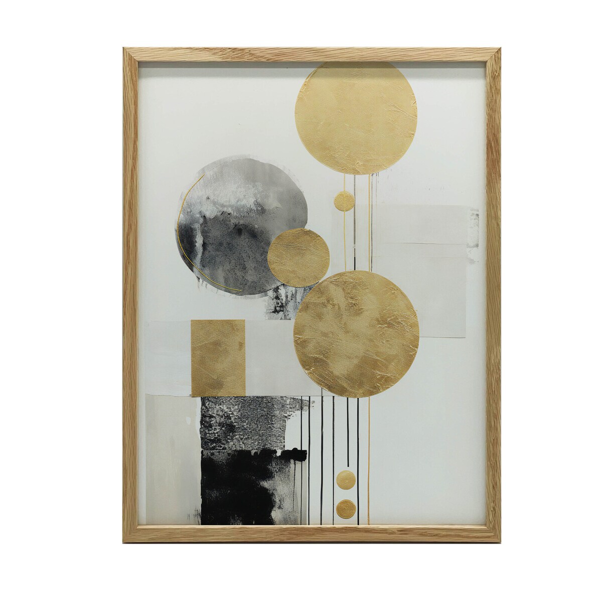 Elegancja Kontrastów: Złoto i Czerń w Abstrakcji, 50x70 cm, rama drewniana jasny dąb, papier matowy 230 gsm