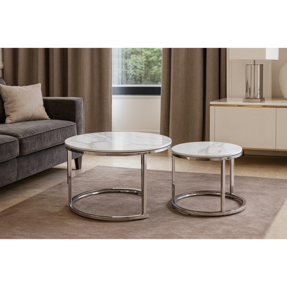 Stolik Kawowy Okrągły Zestaw 2w1 Ława Glamour Marmur Biały Srebrny AMARA
