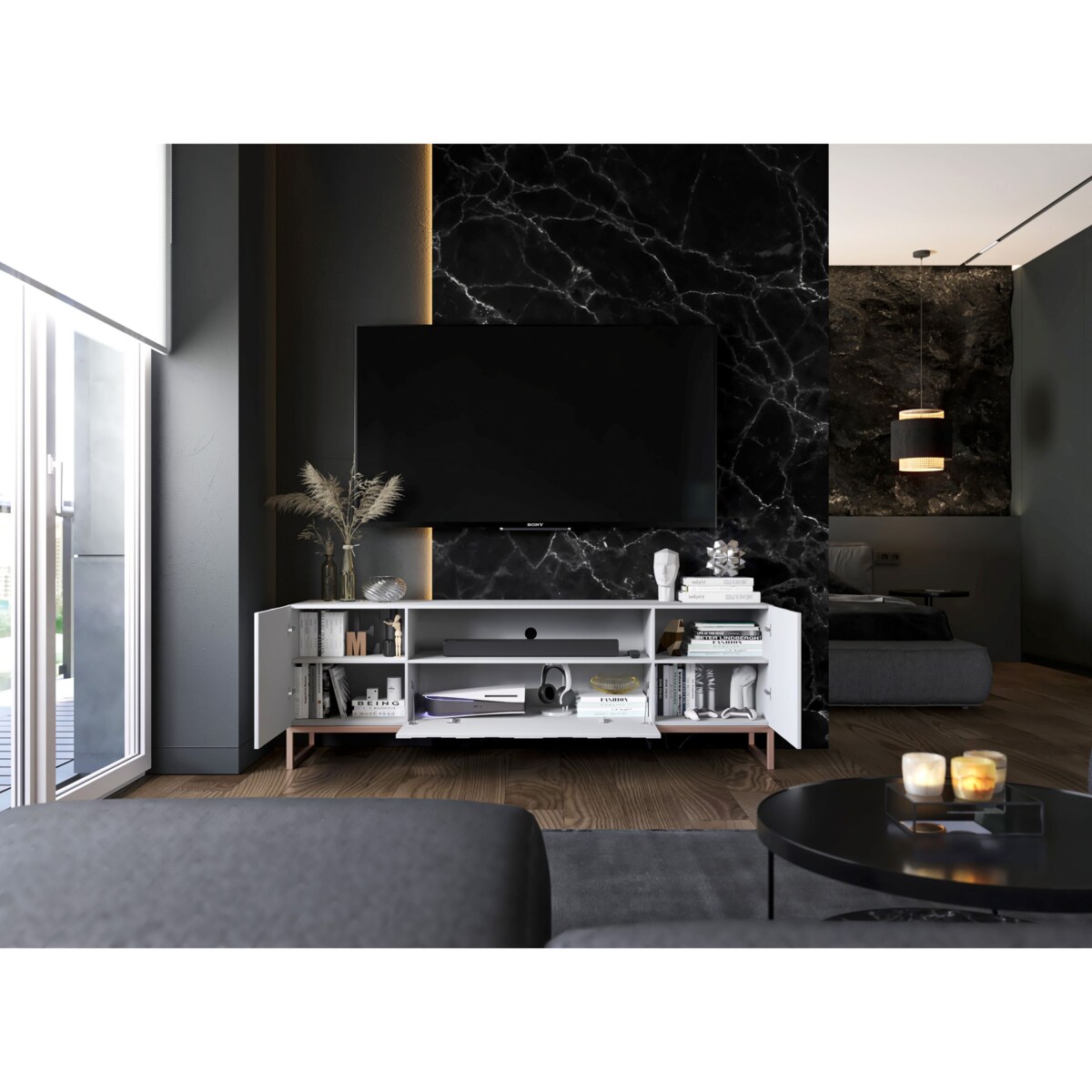 Nowoczesna Szafka RTV Glamour Komoda RTV Glamour Biały Mat 150 cm