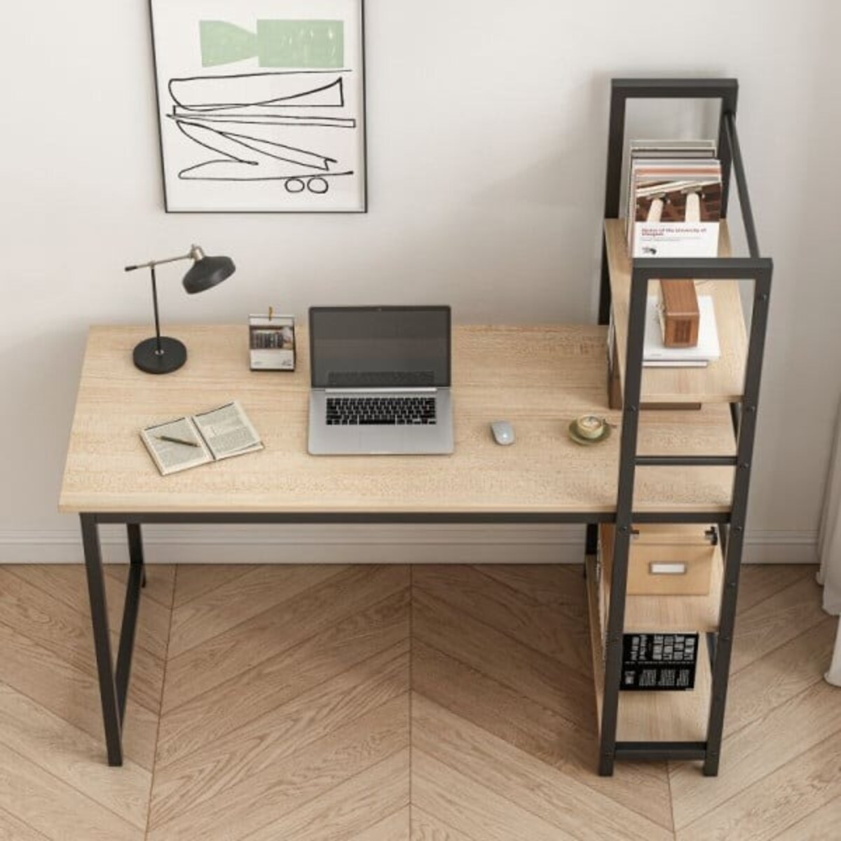 Biurko komputerowe z regałem półkami nowoczesne metalowe loft jasny brąz