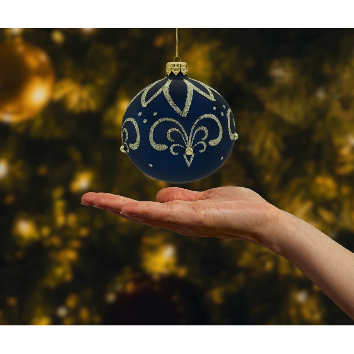 Bombki okrągłe granatowe ze złotym ornamentem