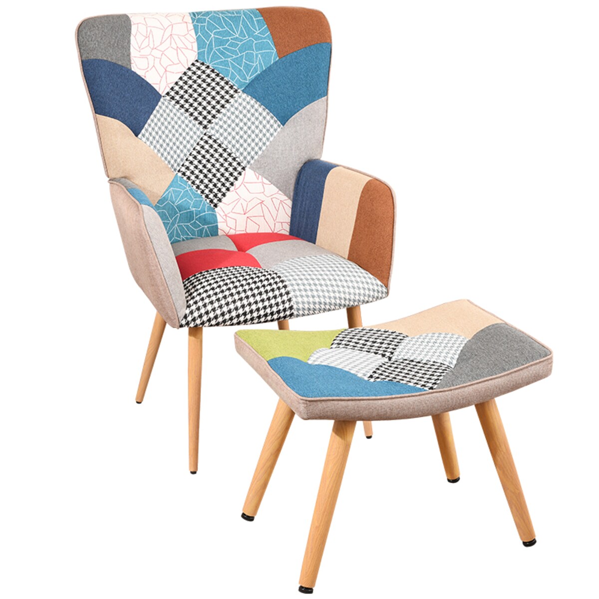 Fotel z podnóżkiem tapicerowanym wypoczynkowy patchwork do salonu wygodny