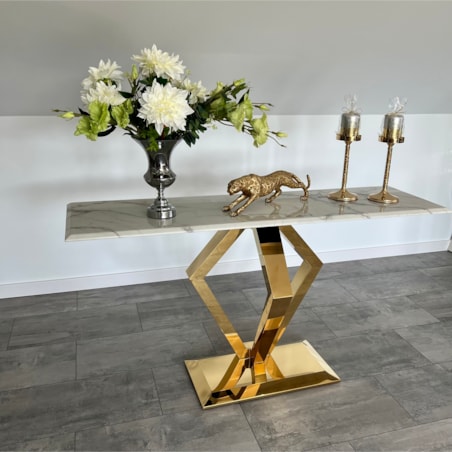 nowoczesna konsola złota nowojorska Diament z kamiennym blatem marmurowym 150x45x75 Premium glamour / w połysku