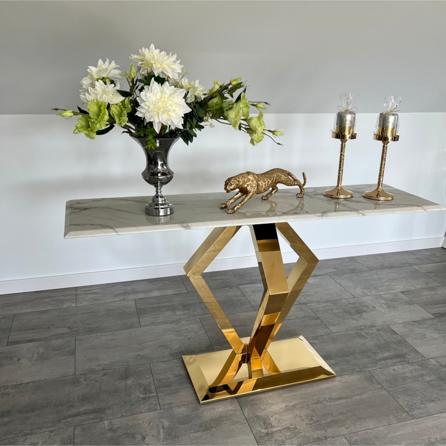 nowoczesna konsola złota nowojorska Diament z kamiennym blatem marmurowym 150x45x75 Premium glamour / w połysku