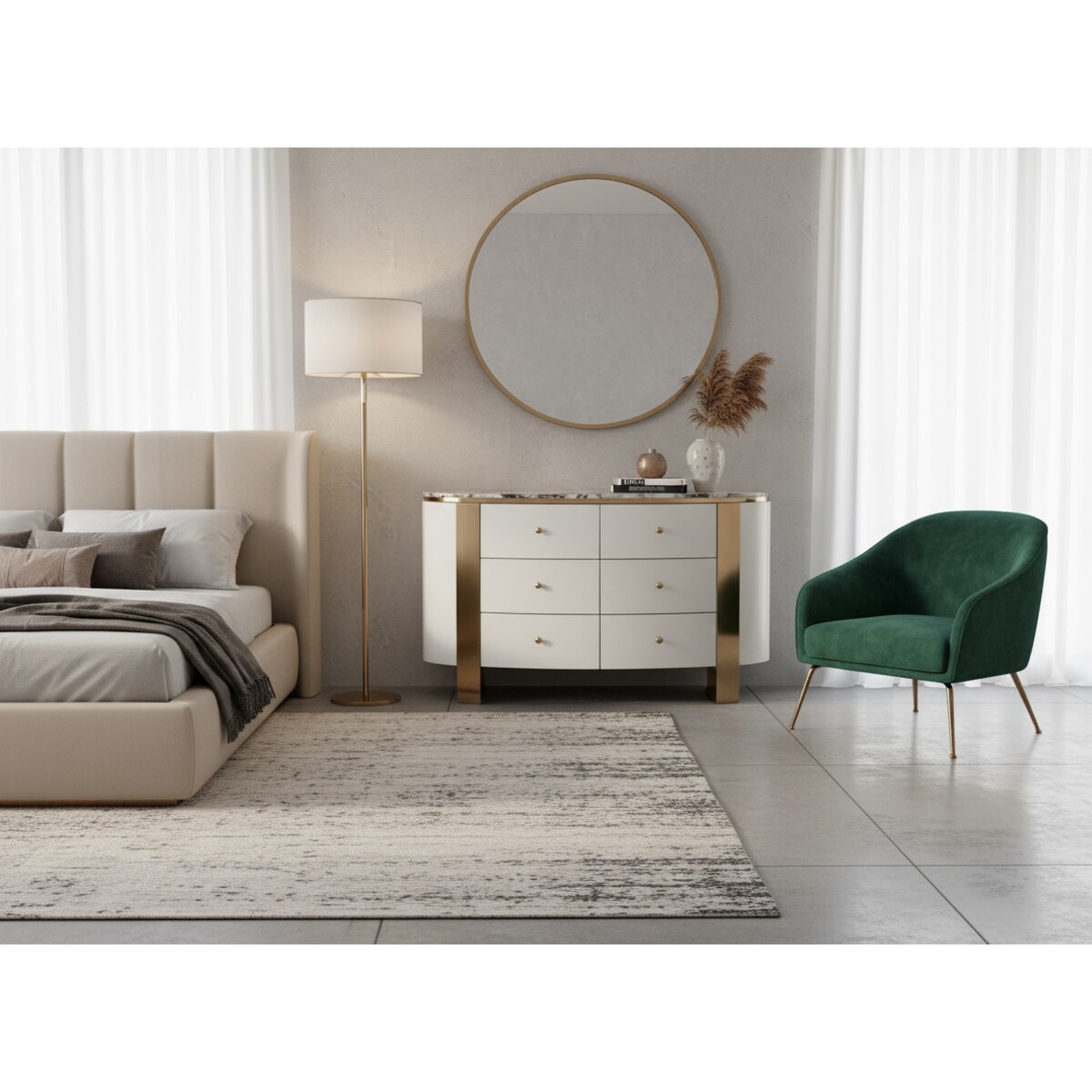 Komoda biała Sofia na złotych nogach z kamiennym blatem 140x40x85