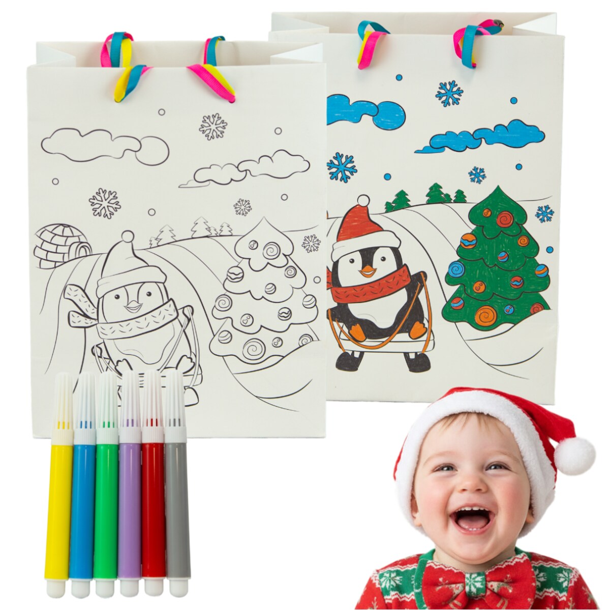 Torebka Prezentowa Na Prezent Do Kolorowania Dla Dzieci 32X26X10 Cm Pingwin Na Sankach