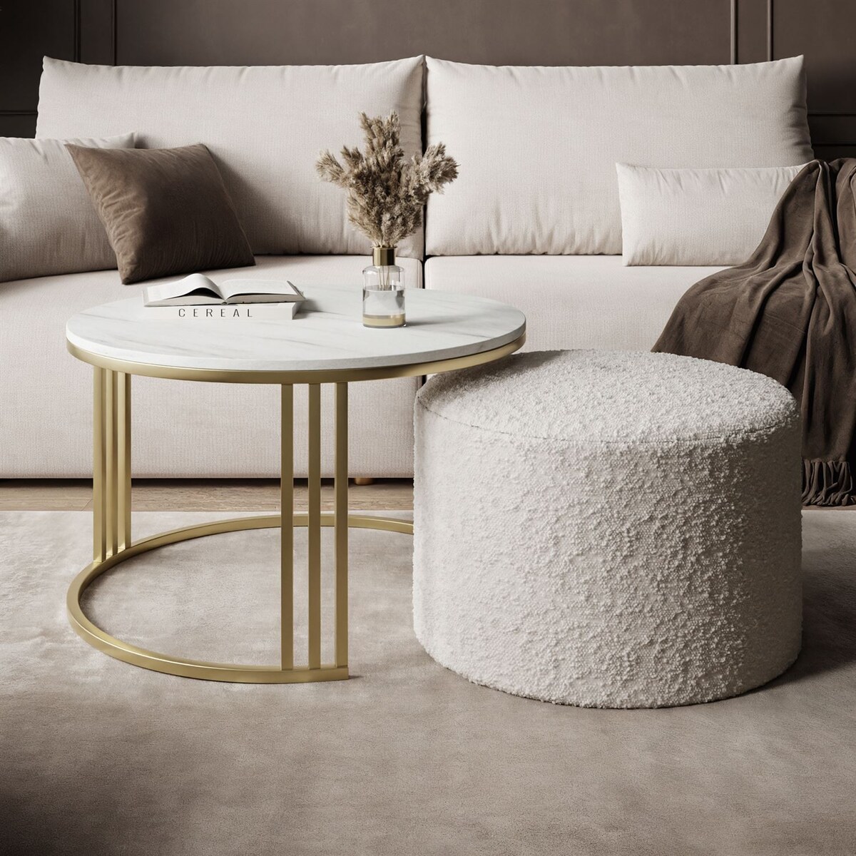 Stolik kawowy z pufą LORI MAT złoto szczotkowane,Marmur Levanto / Coral 65