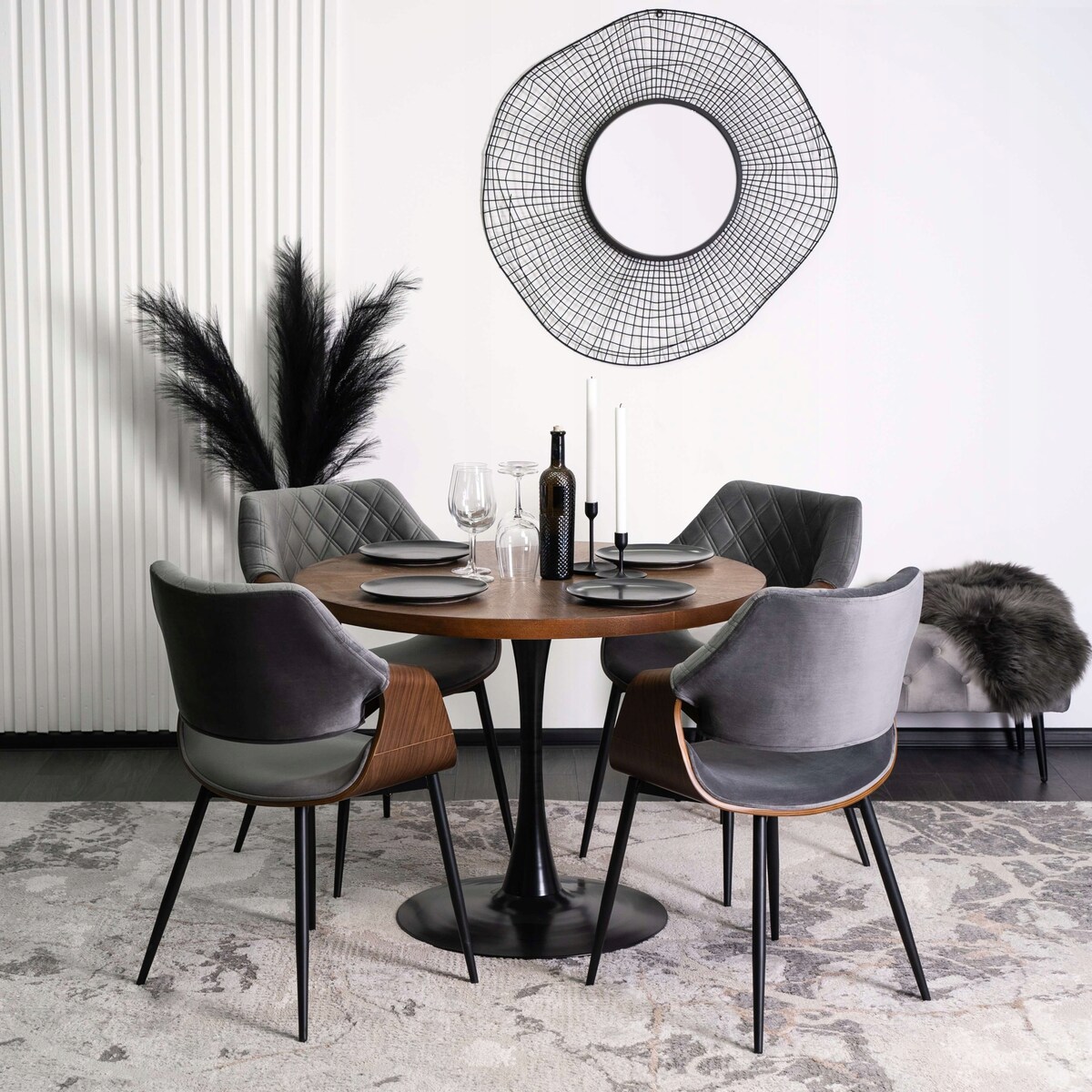 Krzesło Tapicerowane Welurowe Loft DAKOTA Drewno Gięte Szare Do Salonu