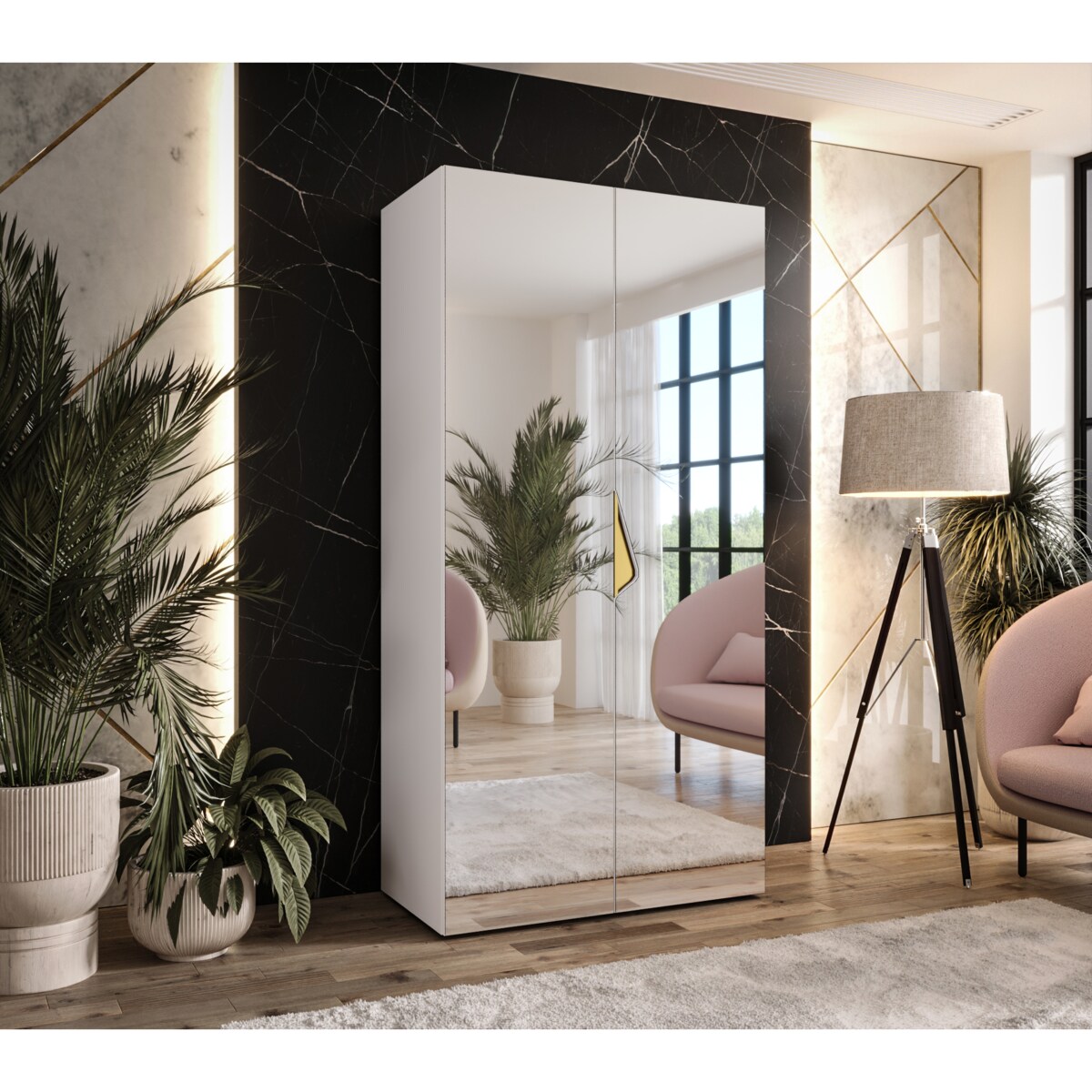 Szafa uchylna z lustrem Sandi 3 100 wys 202 cm Biały + u Złoty