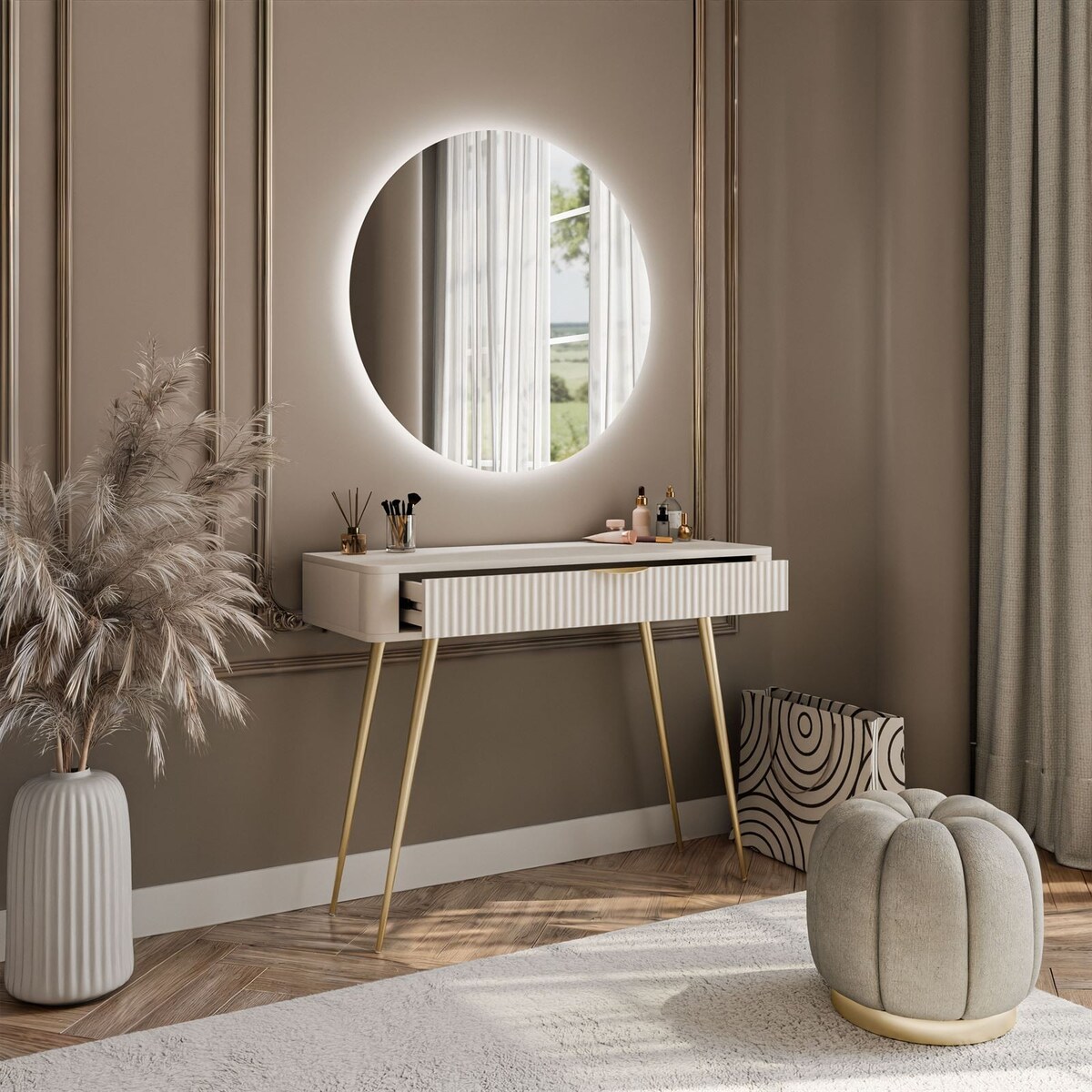 Toaletka SCARLETT z okrągłym lustrem z oświetleniem LED, beżowa