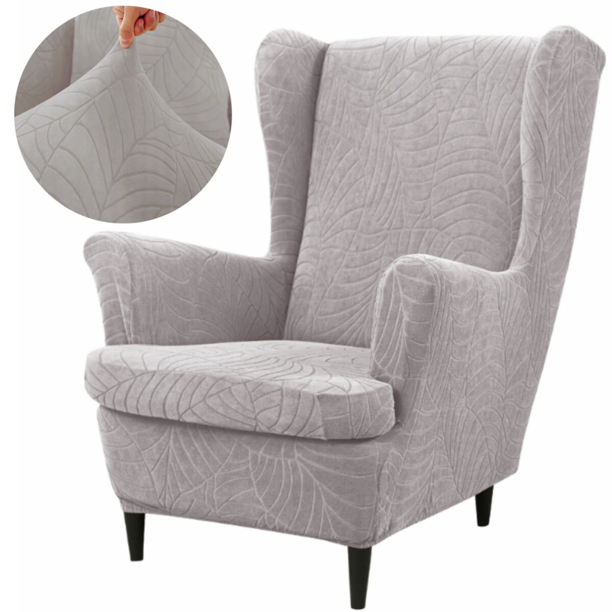 POKROWIEC NA FOTEL USZAK JASNY SZARY WELUR ŻAKARD WZORY ELASTYCZNY [30-Z3-JSZ]