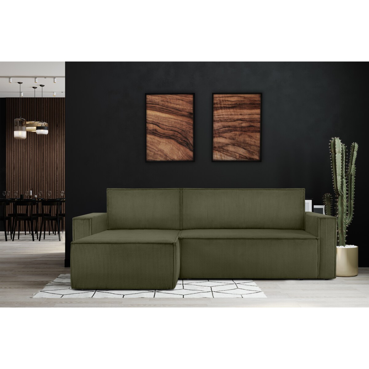 KONSIMO NAPI Duży rozkładany narożnik ze sztruksu w kolorze oliwkowym, prawy/lewy