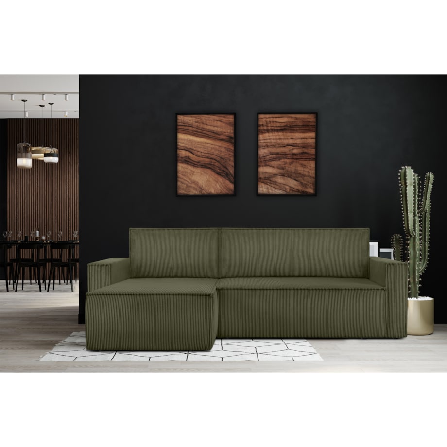 KONSIMO NAPI Duży rozkładany narożnik ze sztruksu w kolorze oliwkowym, prawy/lewy