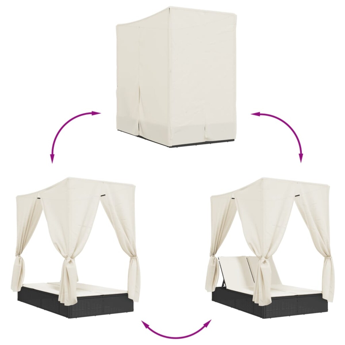 vidaXL Podwójna leżanka z daszkiem i zasłonami, czarny polirattan