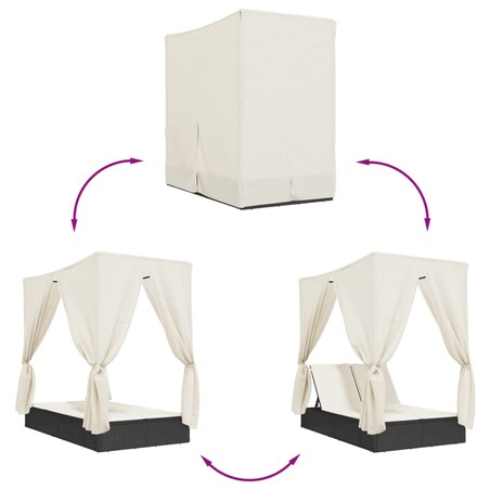 vidaXL Podwójna leżanka z daszkiem i zasłonami, czarny polirattan