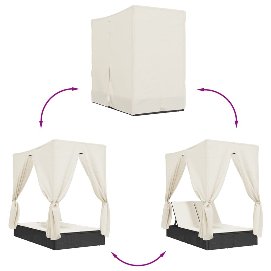 vidaXL Podwójna leżanka z daszkiem i zasłonami, czarny polirattan