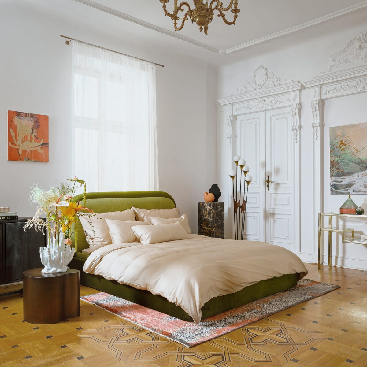 Łóżko Lagom (180x200) z pojemnikiem na pościel w tkaninie DarkGreen&Green