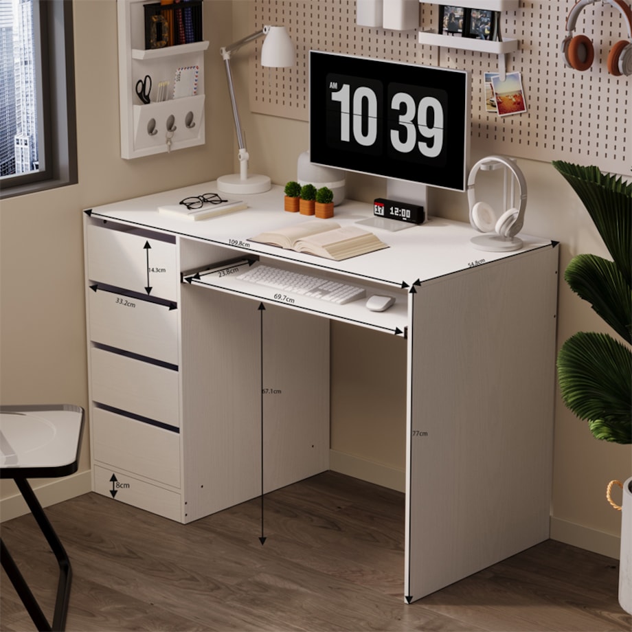 BIURKO KOMPUTEROWE STOLIK BIAŁE MŁODZIEŻOWE NOWOCZESNE Z SZUFLADAMI I PÓŁKĄ