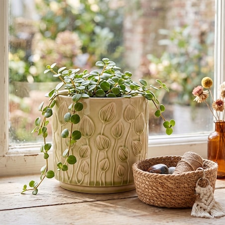 OSŁONKA NA DONICZKĘ CERAMICZNA BEŻOWA 14cm NA KWIATY PARAPET BALKON ZIOŁA