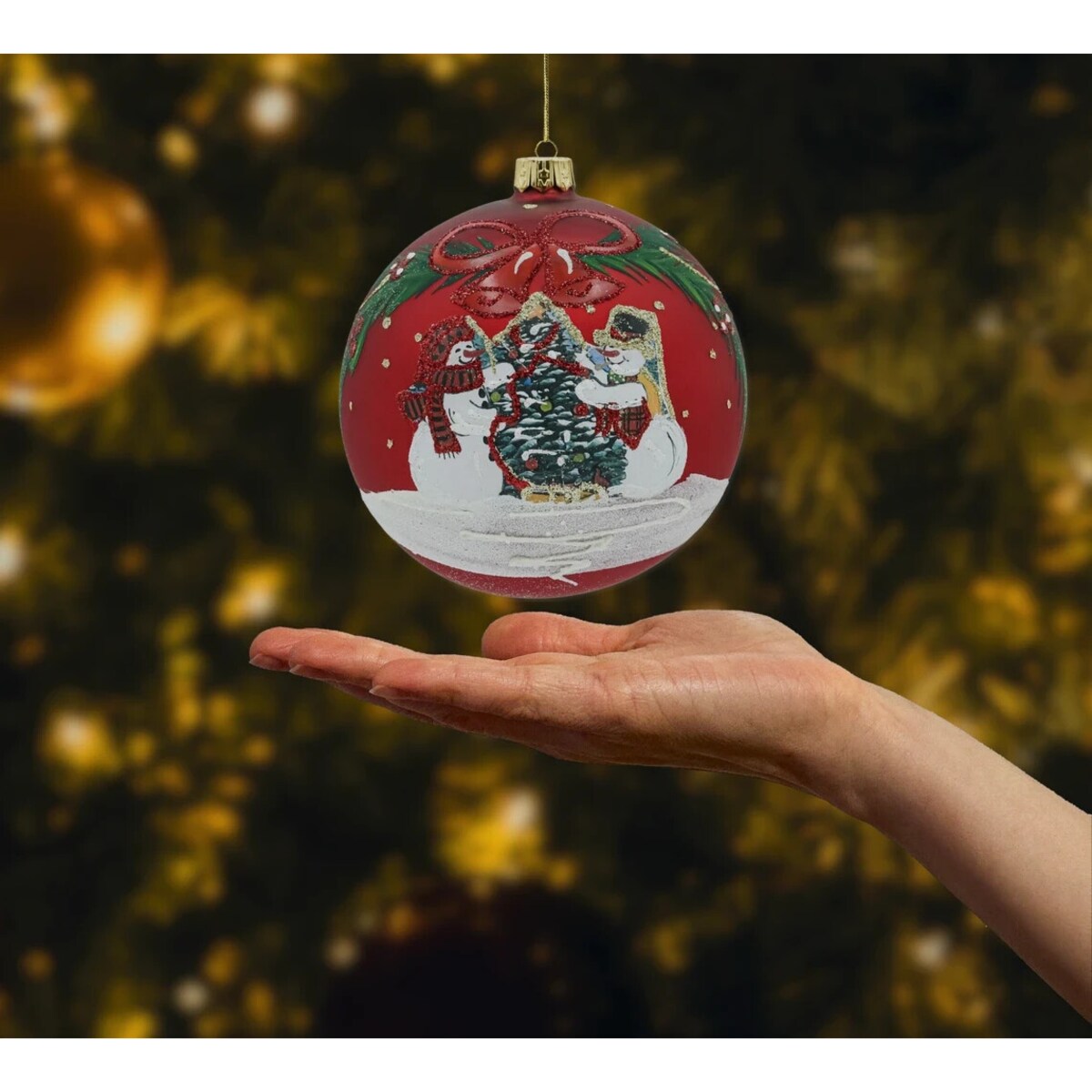 Bombka okrągła czerwona szklana: Bałwanki przy choince