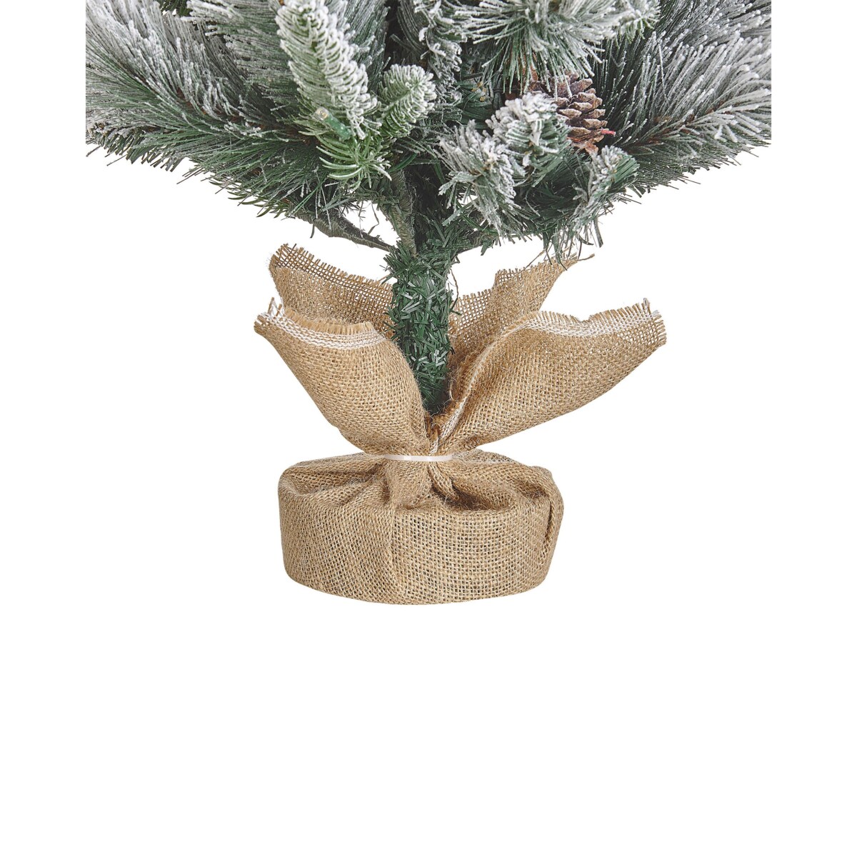 Ośnieżona sztuczna choinka ze światełkami w jutowym worku 90 cm zielona MALIGNE