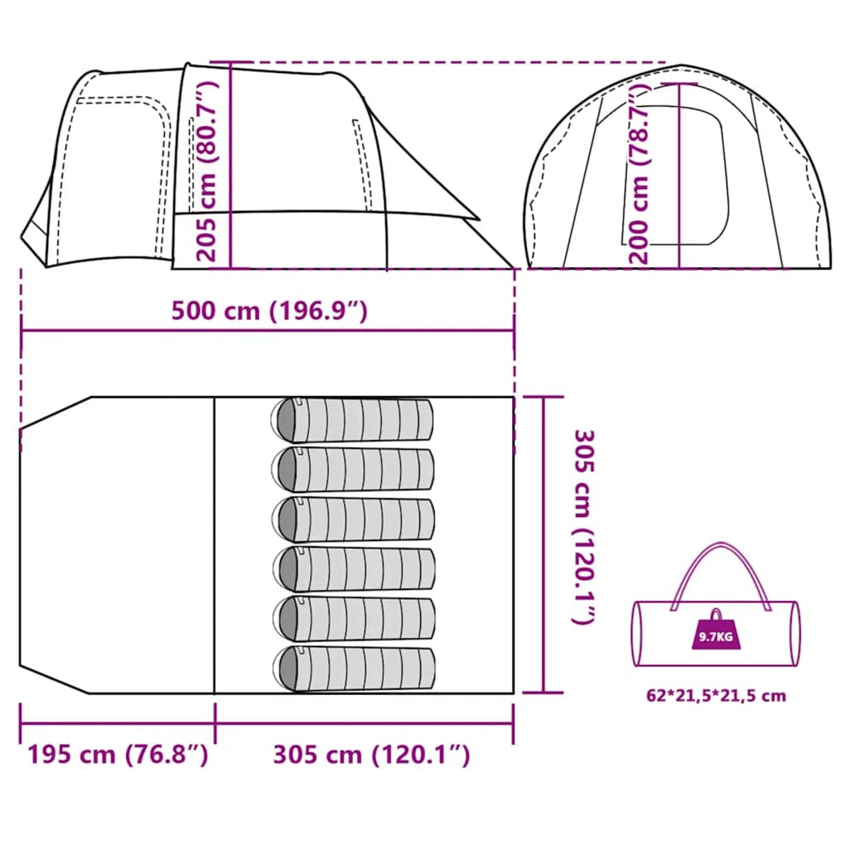 vidaXL Namiot rodzinny, 6-os., szary, wodoszczelny