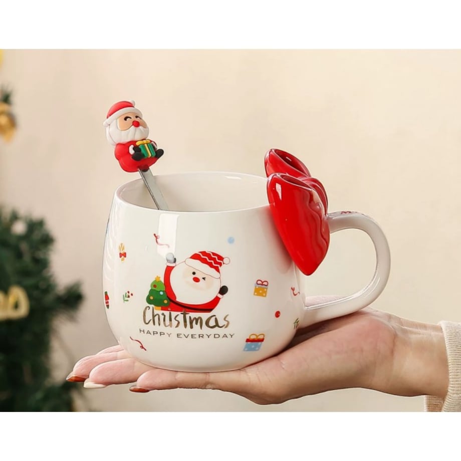 KUBEK ŚWIĄTECZNY Z KOKARDĄ - zestaw w pudełku z łyżeczką 400 ml KB25CZE