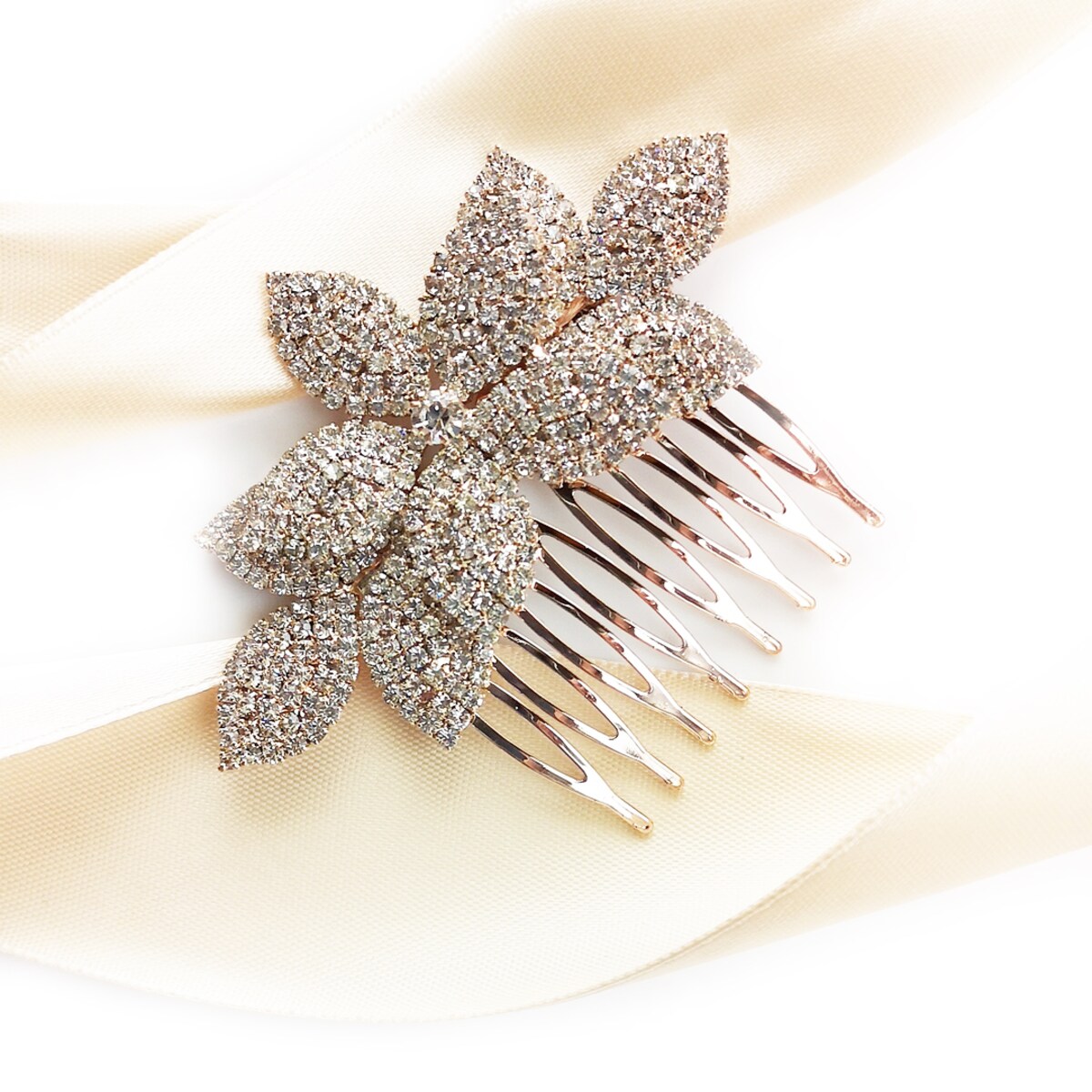 Grzebyk ślubny wysadzany cyrkoniami z motywem listków rose gold