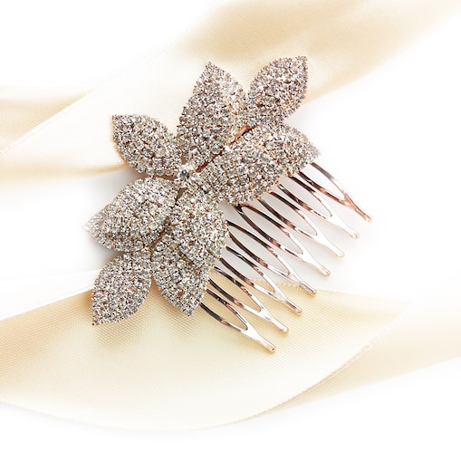 Grzebyk ślubny wysadzany cyrkoniami z motywem listków rose gold