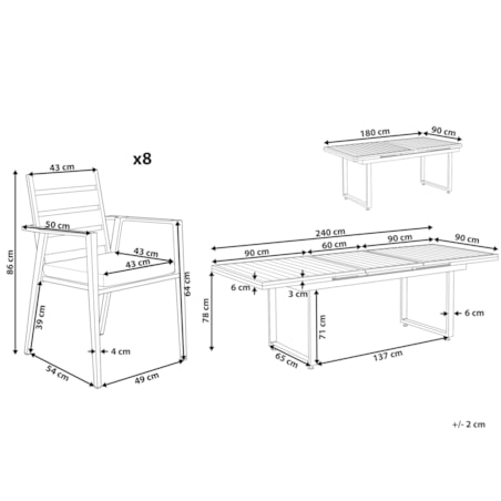 Zestaw ogrodowy stół rozkładany i 8 krzeseł czarny z poduszkami szarymi VALCANETTO/TAVIANO