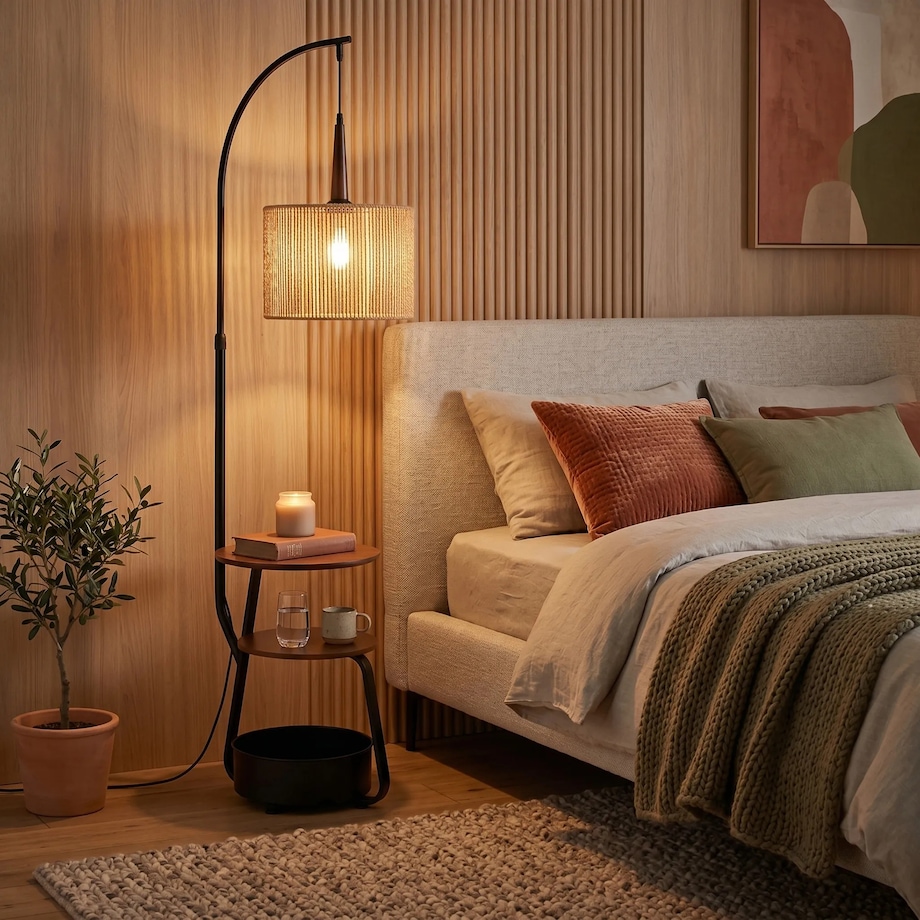 Lampa Podłogowa G156-1F Nature Czarny, Złoty, Metal, Drewno, Sznurek Jutowy