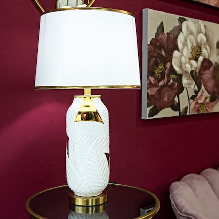 Lampa stołowa, kolor złoty i biały, ceramika, żelazo i tkanina, 40 x 40 x 70 cm, 1 x E27, max. 40 W, do salonu i sypialni, Mauro Ferretti