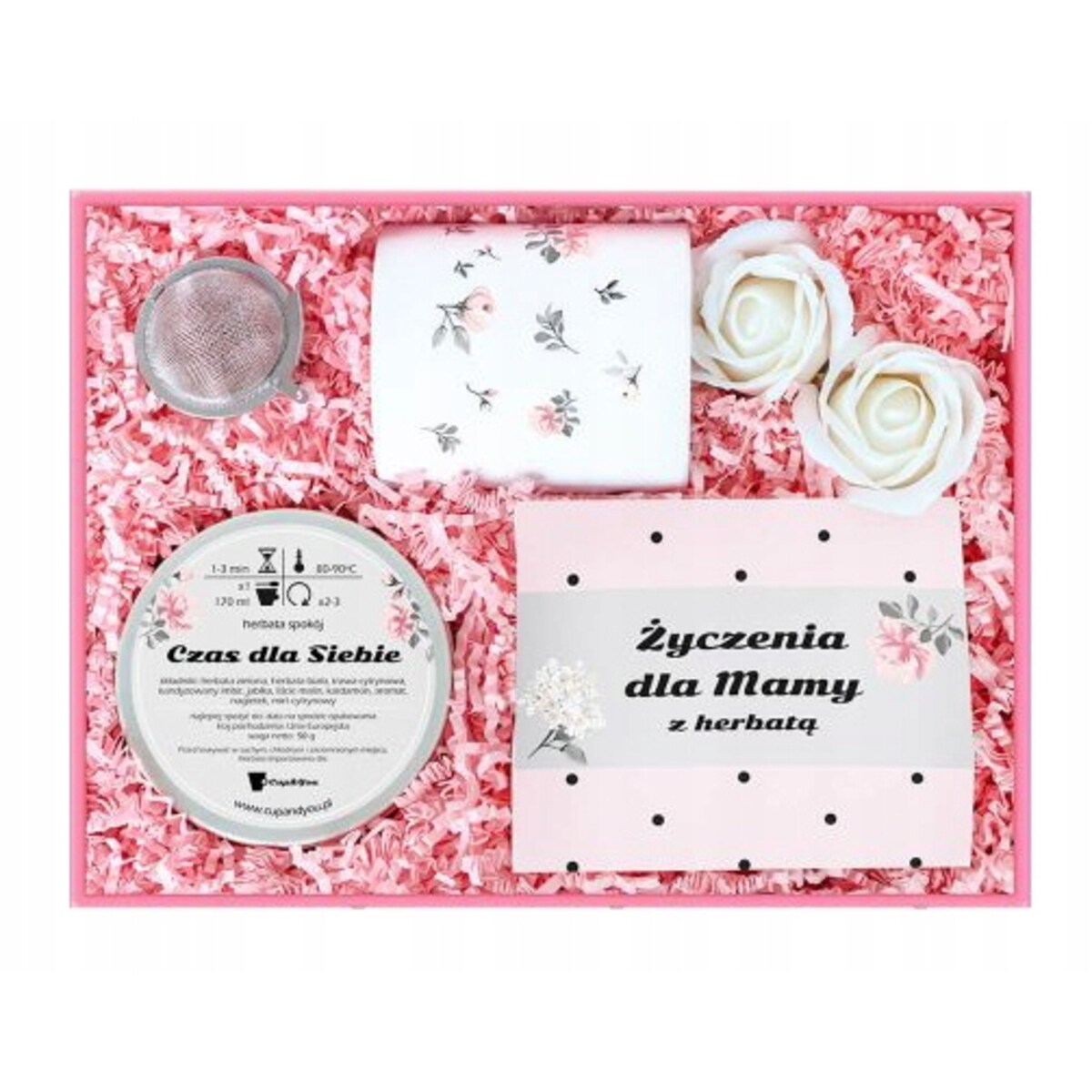 BOX zestaw prezentowy upominkowy na DZIEŃ MATKI URODZINY - herbaty sypane kubek zaparzacz róże mydlane - prezent upominek dla mamy teściowej