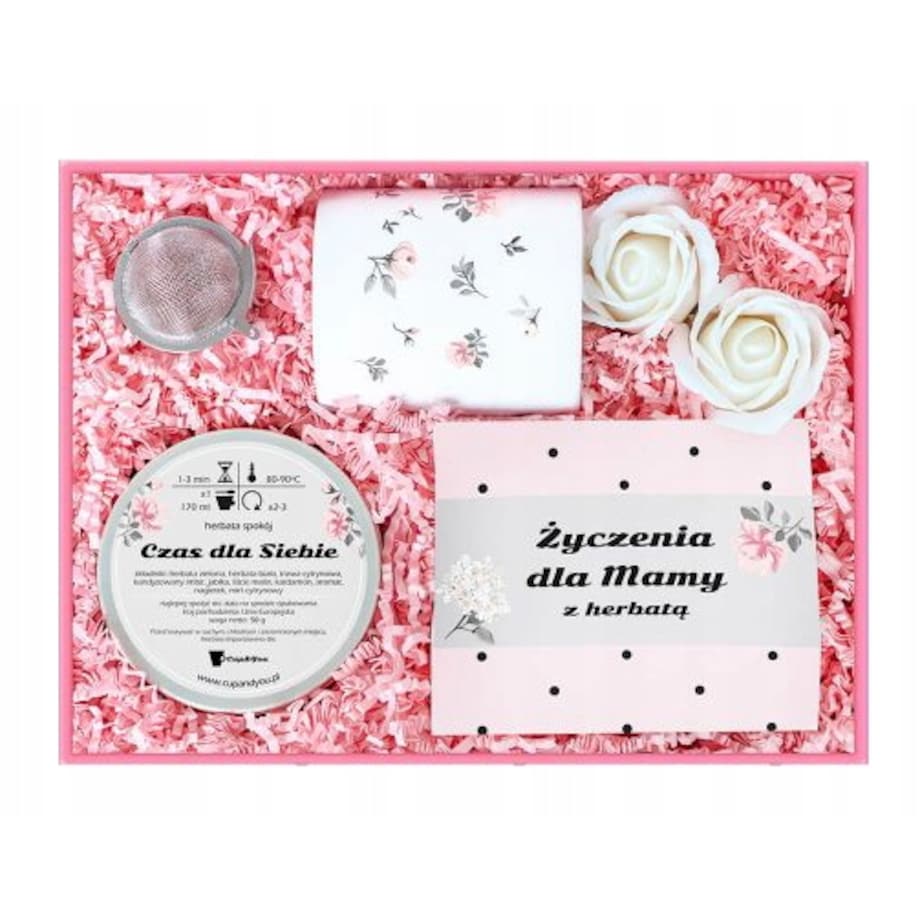 BOX zestaw prezentowy upominkowy na DZIEŃ MATKI URODZINY - herbaty sypane kubek zaparzacz róże mydlane - prezent upominek dla mamy teściowej