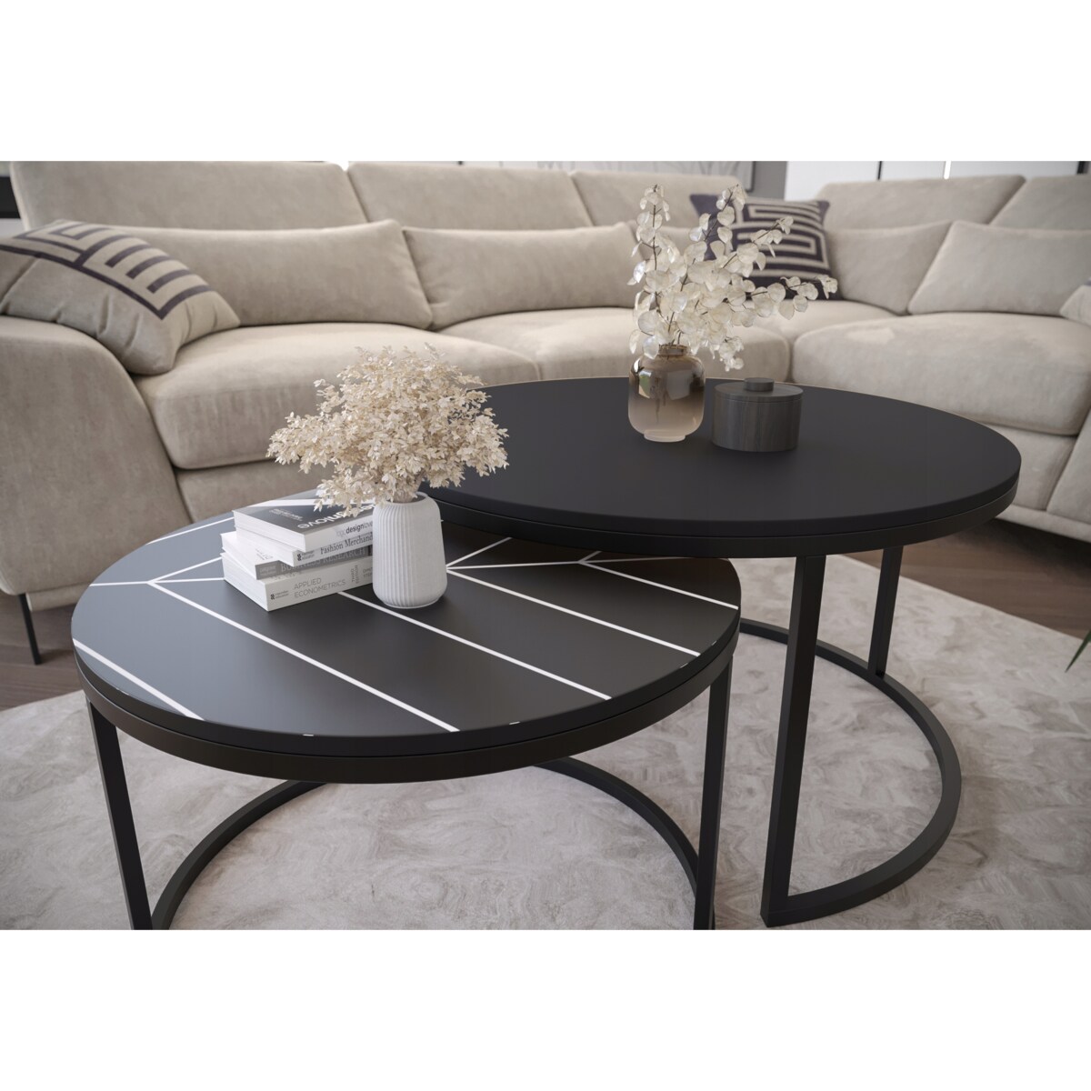 Zestaw 2 Stolików Kawowych Okrągłe LOFTOWE INDUSTRIAL Czarny PRINT 80cm